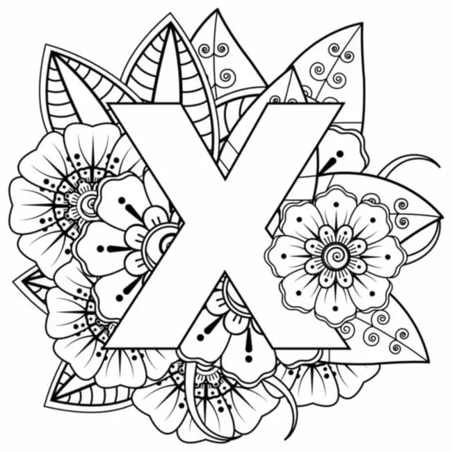 A black and white image of a simple outlined X against a backdrop of flowers and foliage.