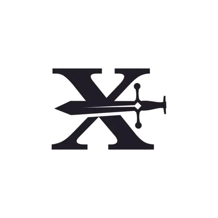 A black and white image of an X with a sword crossing it horizontally.