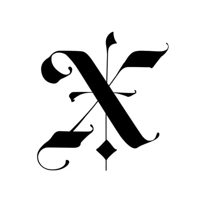 A black ornate X with vertical and horizontal line details running through the middle of the X.