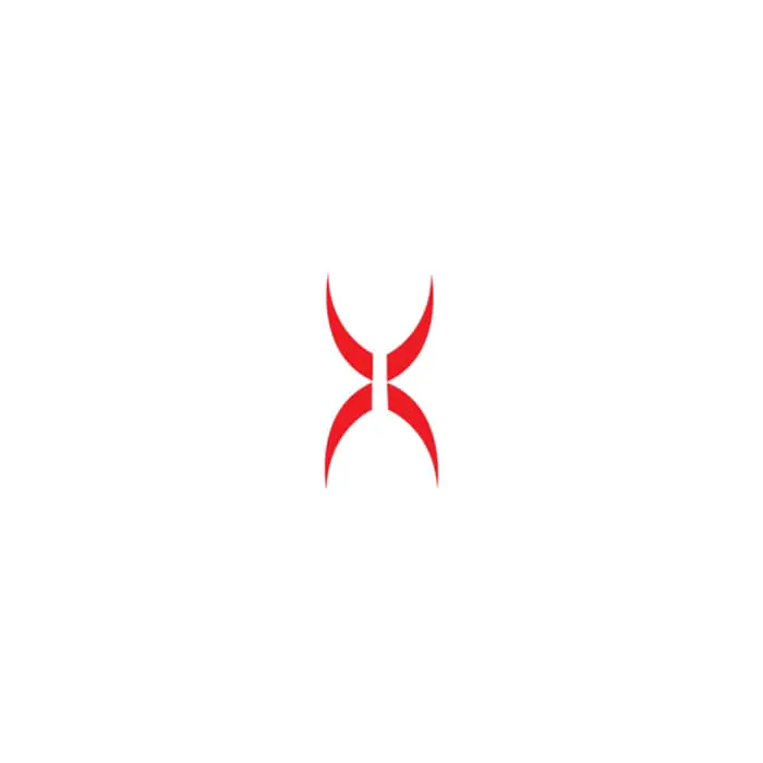A red abstract X created with four curved shapes.