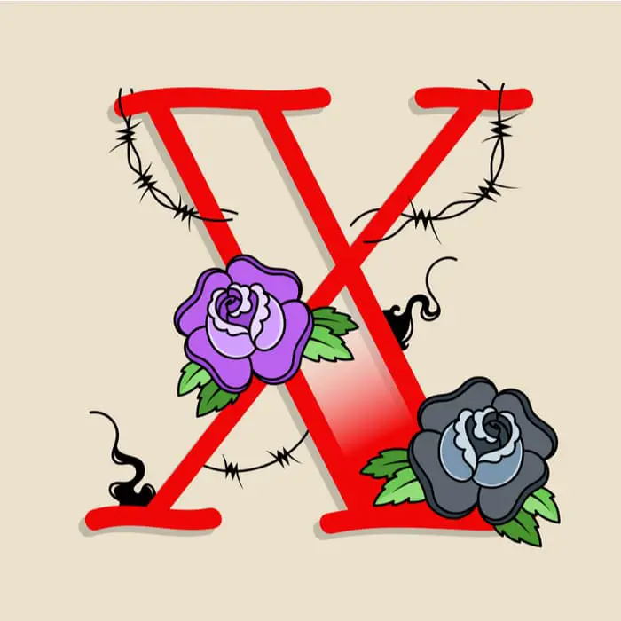 A red X in a hand-drawn font style with barbed wire and floral details.