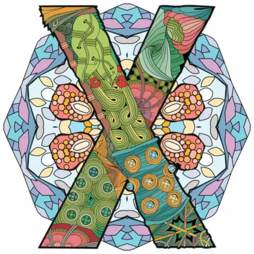 A colorful X and an octagon backdrop with surrealism details inside the shapes.