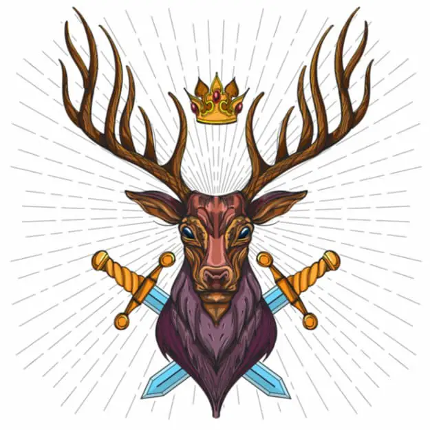 A color image of a stag deer head shown with a crown above the head and a pair of crossed swords behind the deer.