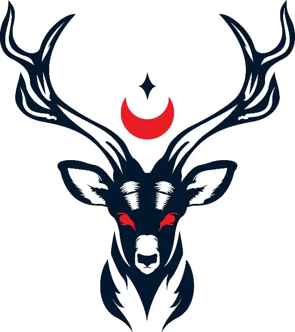 A stag deer head in black ink with red details, shown with a star and a crescent moon on its side above the deer's head.