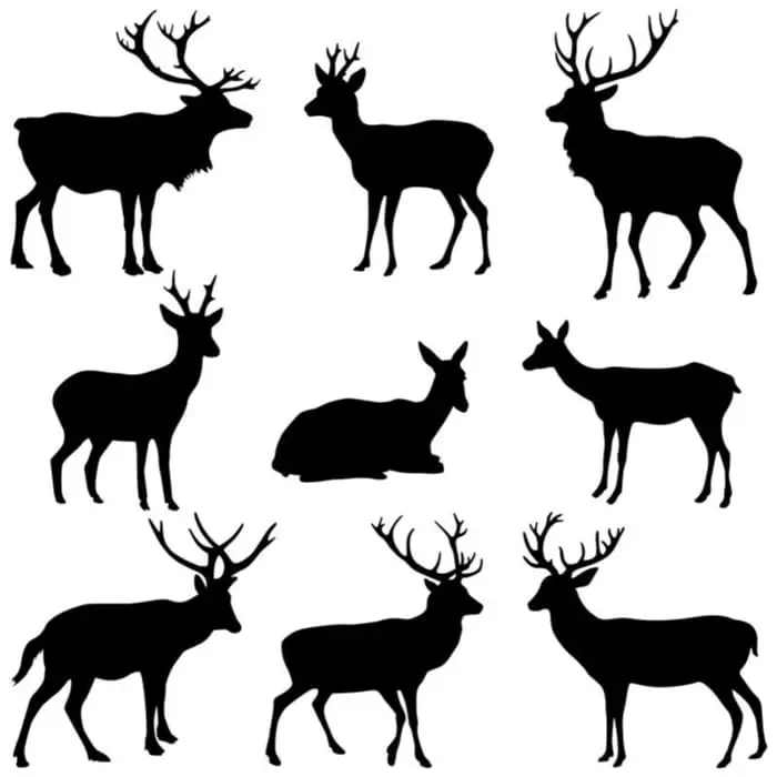 Nine full-body stag deer silhouettes.