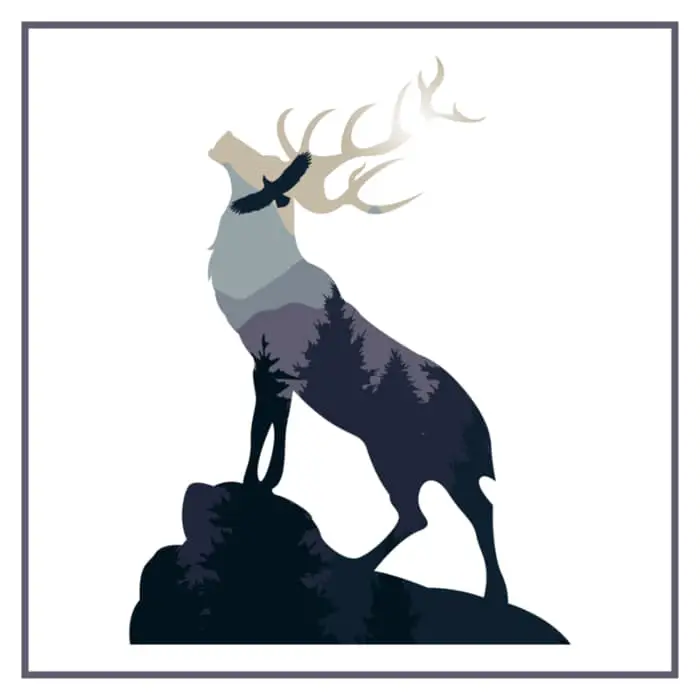 A full-body silhouette image of a male deer standing on a rock with a mountain scene shown inside the outline of the deer and the rock.
