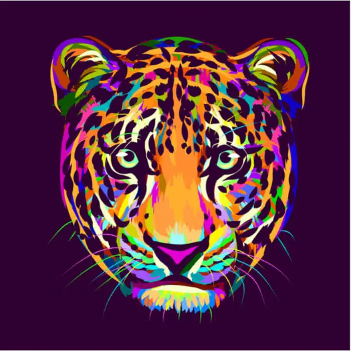 A jaguar head in multiple bright colors.