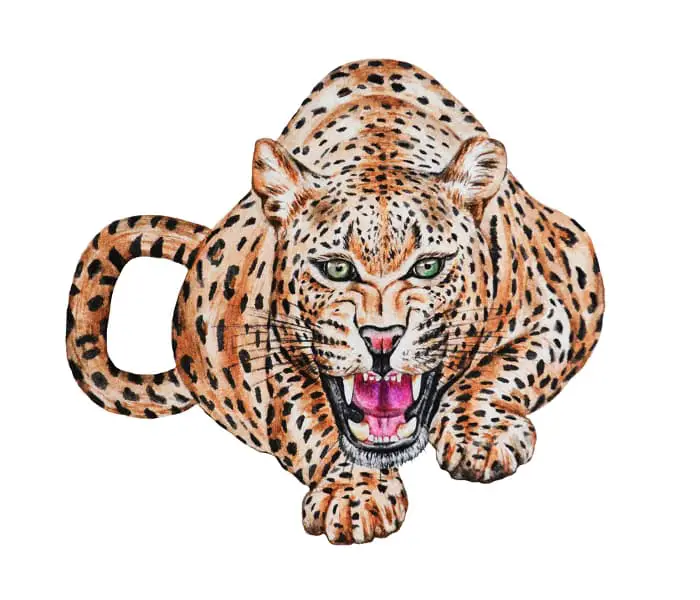 A color full-body image of a jaguar crouching and snarling.