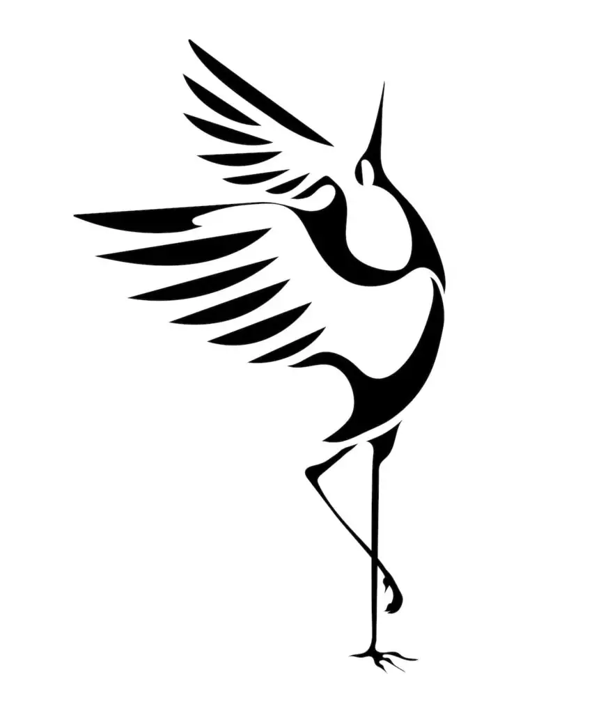 A minimalist black and white image of a crane with spread wings and standing on one leg.