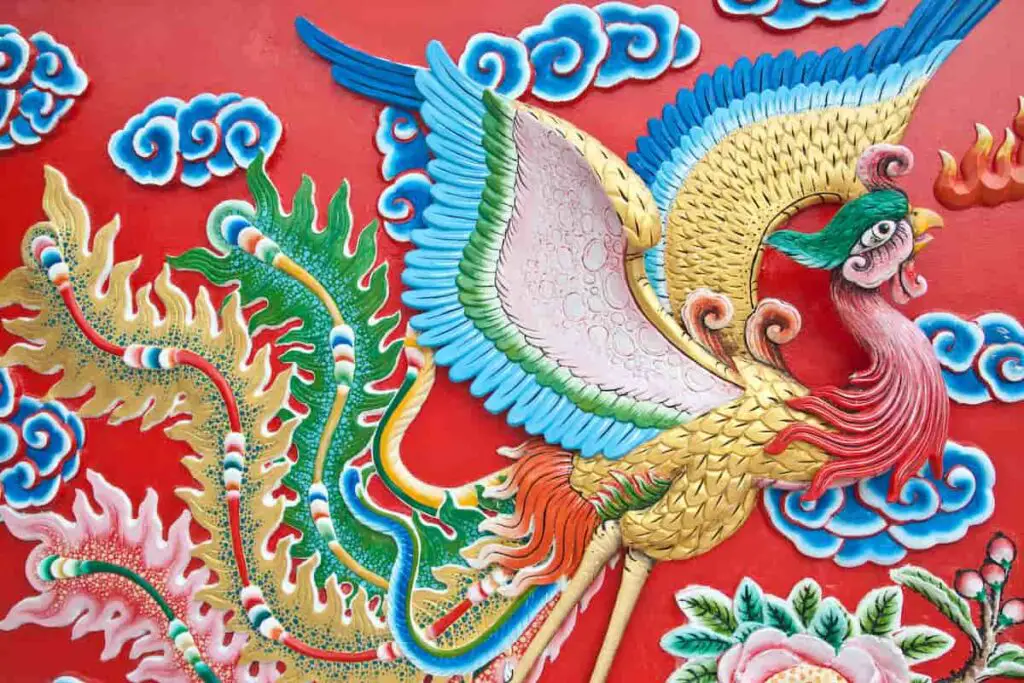 A colorful Chinese phoenix art mural.