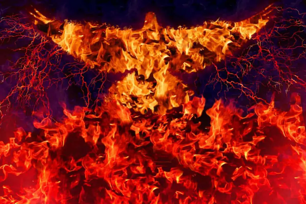 A digital illustration of a phoenix rising from flames. Phoenix tattoo meaning.