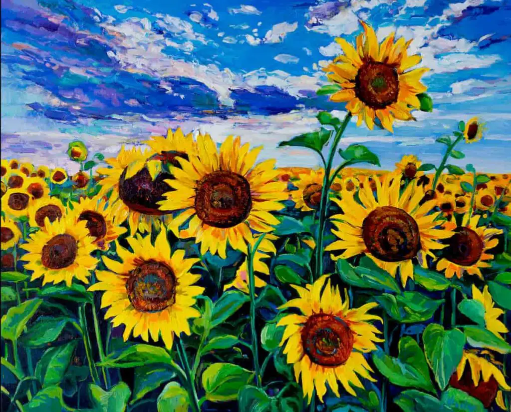 A modern art painting of sunflowers.