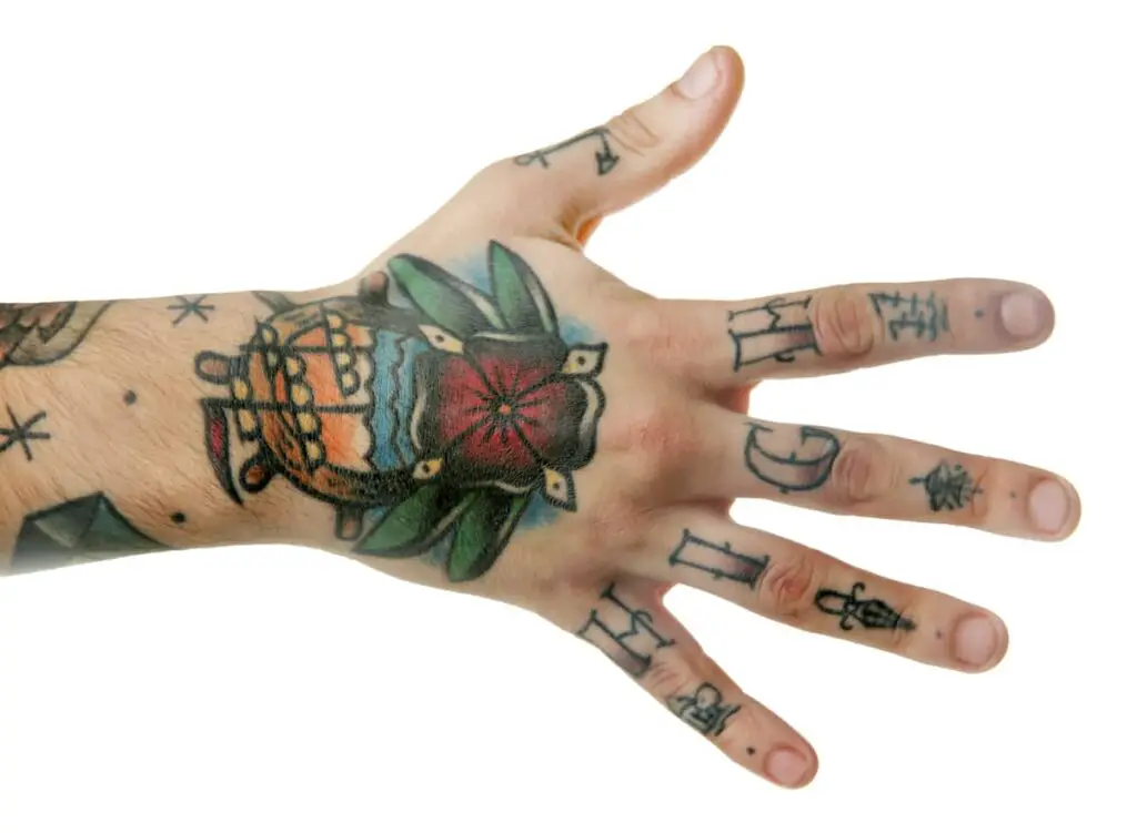 A traditional style tattoo on the back of a man's hand.