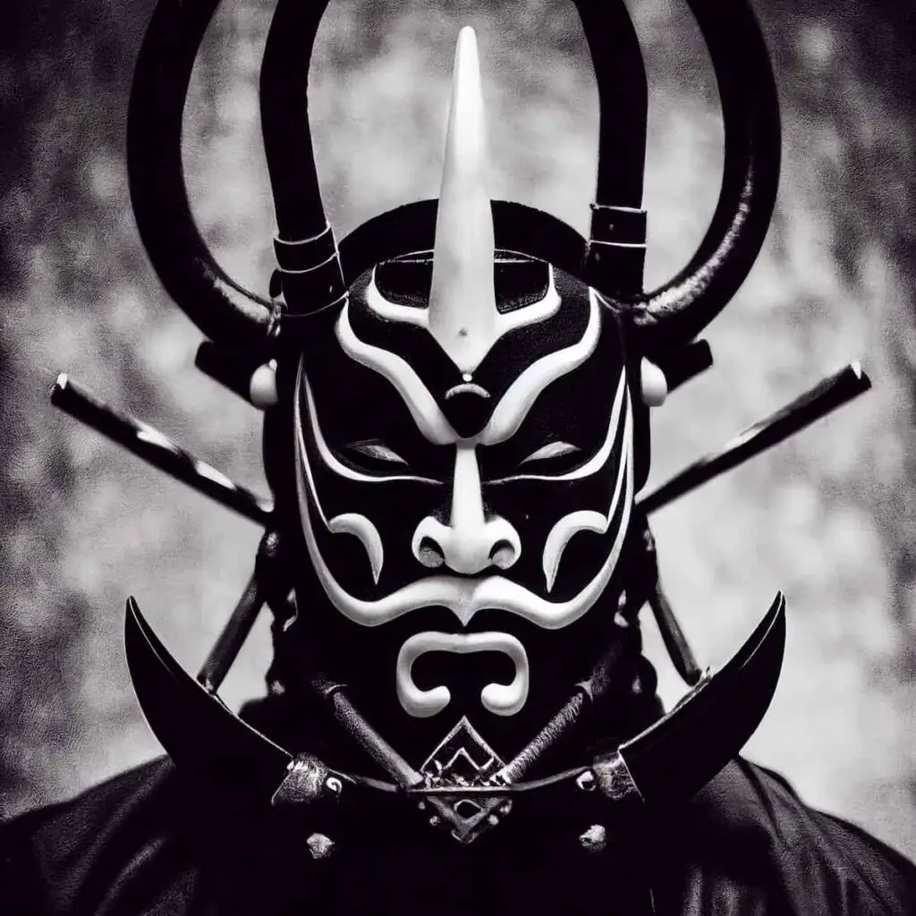 A black and white Oni samurai mask.