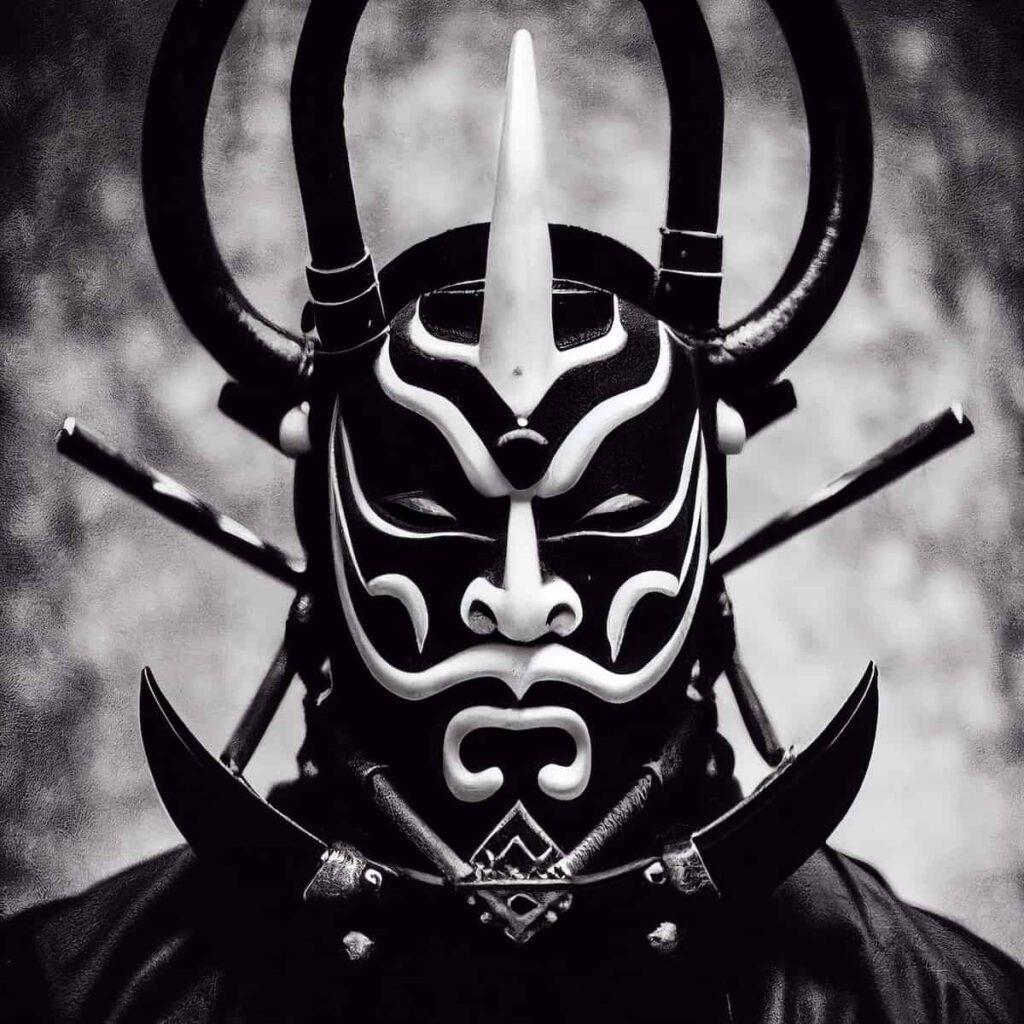 A black and white Oni samurai mask.