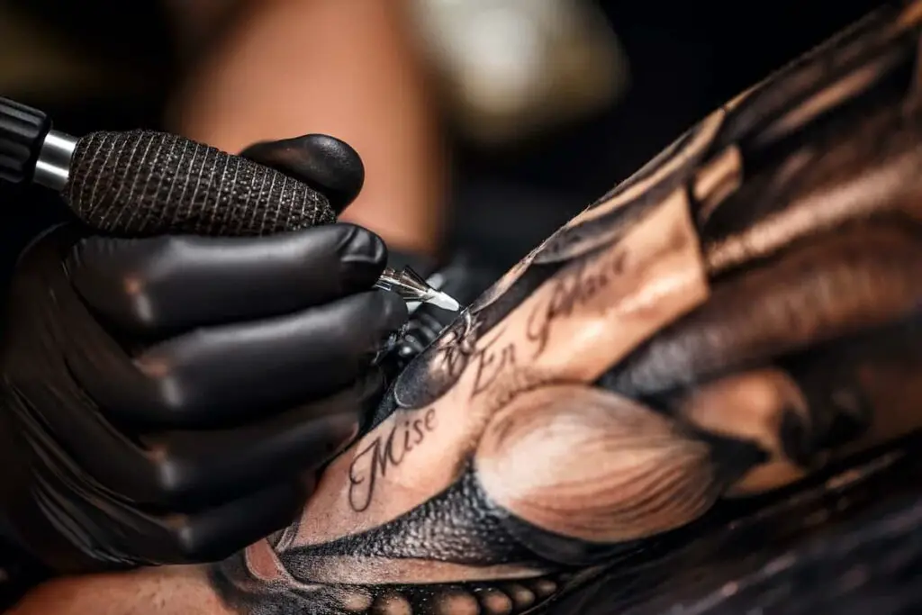 Closeup of tattoo work in black ink.