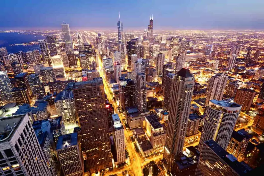 Aerial view of downtown Chicago at night.